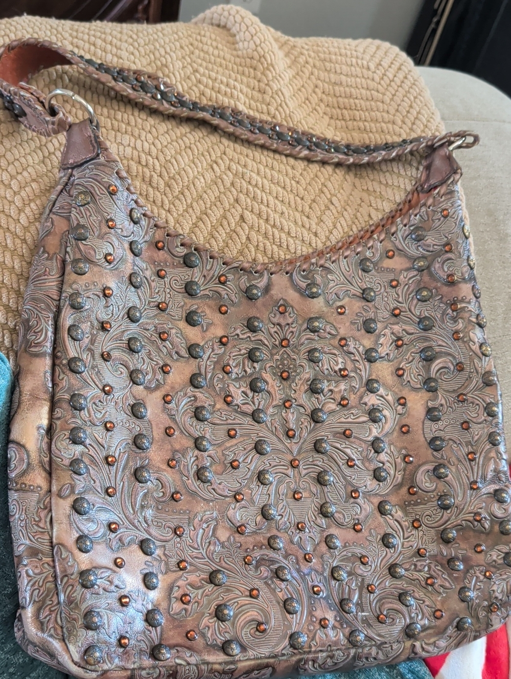 KurtMen Western Embroidered Studded Leather Shoulder Bag - Bronze Taupe